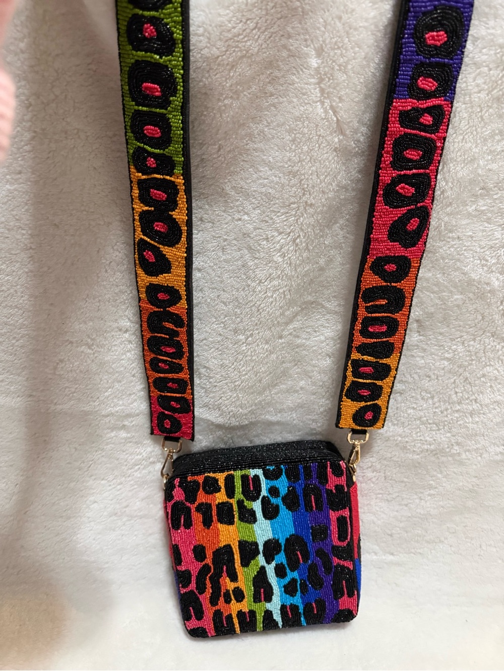 Women’s Rainbow Leopard Beaded Crossbody Bag with Detachable Strap